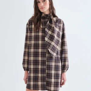 VESTIDO CORTO 100% ALGODÓN CON ESTAMPADO DE CUADROS MARRÓN