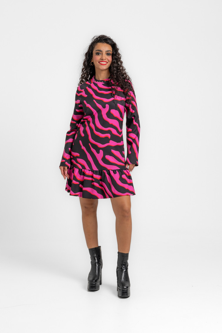 VESTIDO BALLOON CON VOLANTE Y TACHUELAS EN CUELLO - FEM REX